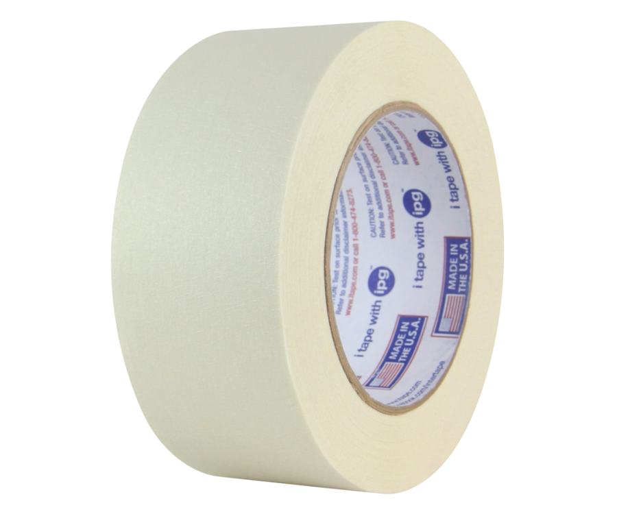 A roll of beige adhesive tape with printed text visible on the inner core. Intertape® 5-Mil. 513 Beige Masking Tape (24 mm. x 54.8 m., 36/Case)
